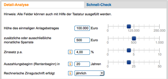 FMH Rentenplaner 100.000 Euro, 500 Euro Monat, 4 %, 20 Jahre